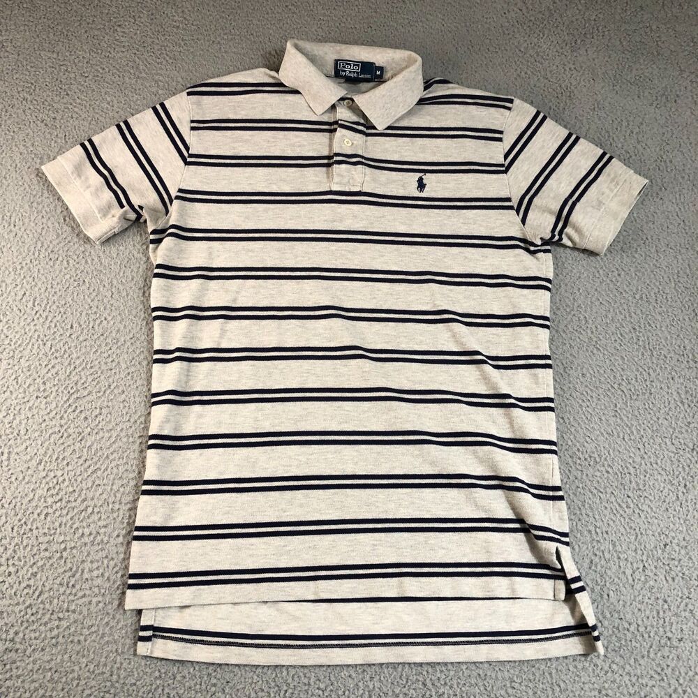Polo Ralph Lauren Shirt Adult Medium Gray Striped Dad Pony Logo Preppy Men Slit